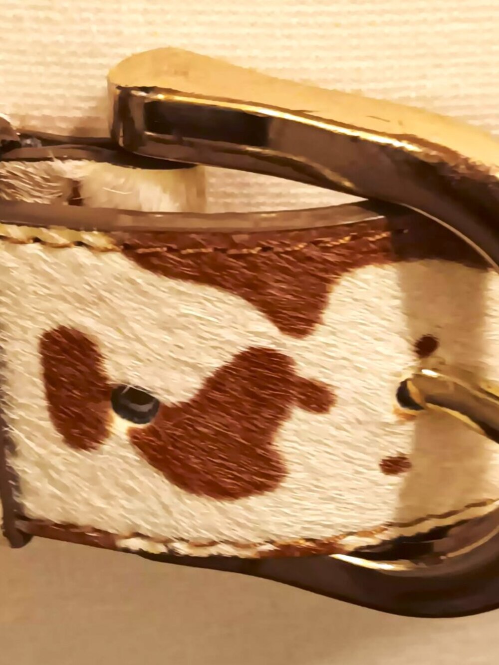 Belt, medium, leather, cow print calf hair, with round gold tone buckle. 41"